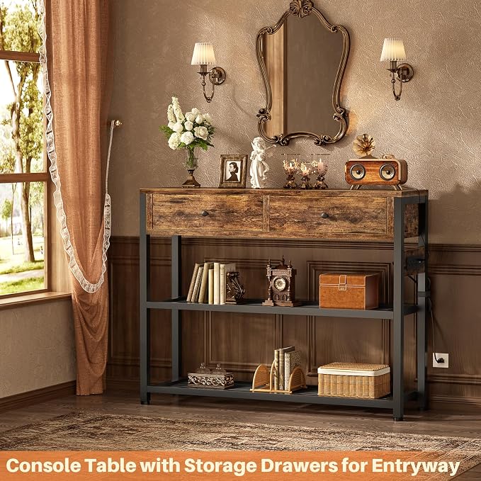 Ecoprsio Entryway Table with Outlets and USB Ports, Console Table with 2 Drawers, Small Sofa Table with Storage Shelves for Living Room, Couch, Hallway, Foyer, Kitchen Counter, 32'', Rustic