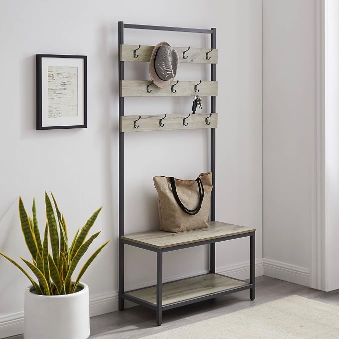 Linon Shaymus Grey Metal Hall Tree with Greywashed Wood Bench and Seat Featuring Multiple Hooks