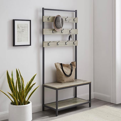 Linon Shaymus Grey Metal Hall Tree with Greywashed Wood Bench and Seat Featuring Multiple Hooks