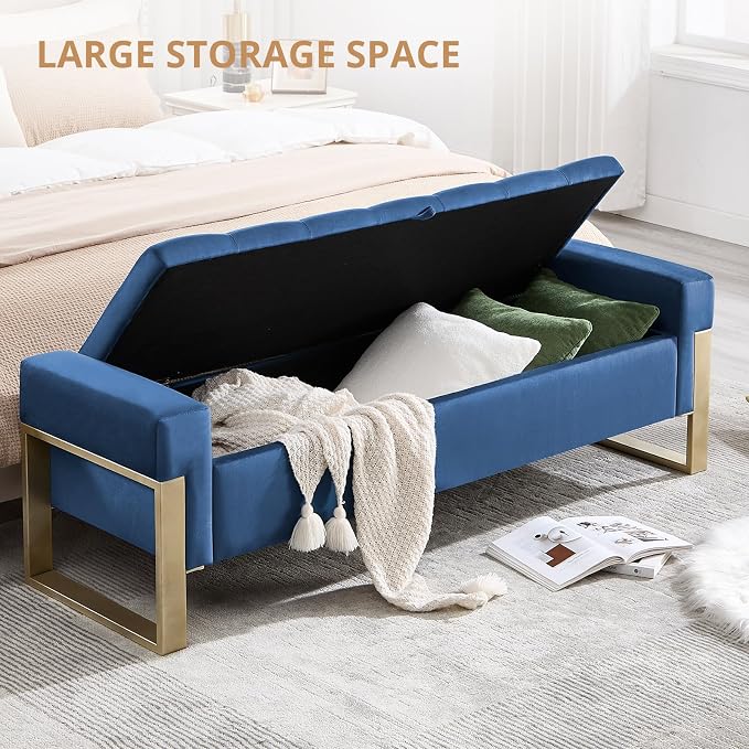 67'' End of Bed Storage Bench King Size, Storage Ottoman Bench for Bedroom, Modern Velvet Bed Benches for Foot of Beds with Gold Legs for Window Living Room Entryway, Dark Blue