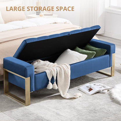 67'' End of Bed Storage Bench King Size, Storage Ottoman Bench for Bedroom, Modern Velvet Bed Benches for Foot of Beds with Gold Legs for Window Living Room Entryway, Dark Blue