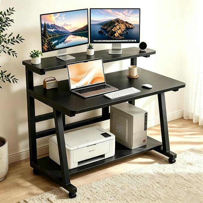 31.5 Inch Compact Rolling Computer Desk with Tier Worktable & Lockable Wheels, Small Computer Desk, Small Desk for Bedroom, Mobile Writing Workstation Easy Assembly for Home Office Small Spaces