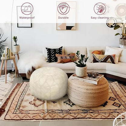 Thgonwid Unstuffed Moroccan Faux Leather Pouf Ottoman Cover with Storage - Boho Chic Multi-Use Footrest for Living Room, Bedroom, Patio - Round Ethnic Floor Cushion & Decorative Accent, Ivory