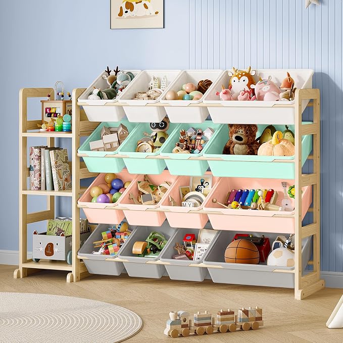 EXPERLAM Toy Storage Organizer, Toy Storage Shelf with 3 Shelves and 16 Storage Bins (12 Small + 4 Large), 3-in-1 Kids Bookshelf for Kids Rooms, Playroom, Nursery, Multi