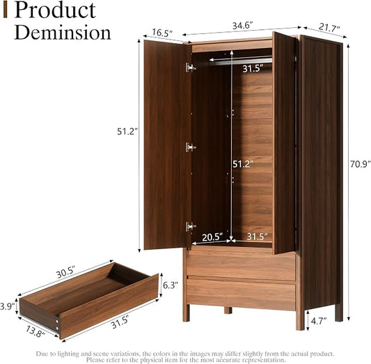 Furniway Armoire Wardrobe Closet, 70.9" Tall Wardrobe Cabinet with 2 Doors, 2 Large Drawers and Hanging Rod, Wooden Clothing Storage Cabinet for Bedroom, Cloak Room, Walnut