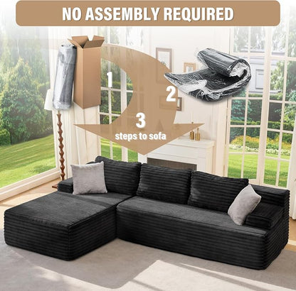 Hobestluk Boneless Couch Modular Sectional Sofa L-Shape Cloud Couch Lounge | 96" Left Facing Chaise Black,Memory Foam,Removable Cover,Non-slip Bottom,No Assemble Required,Furniture for Small Home