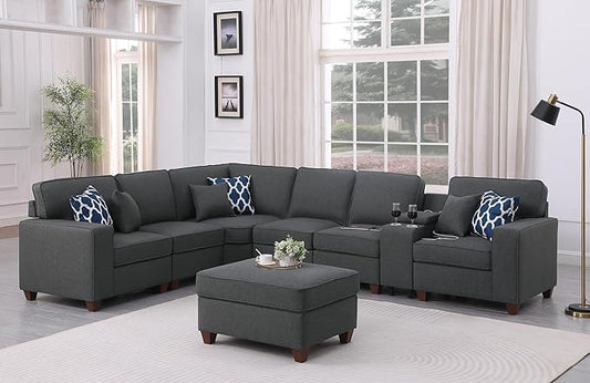 Ball & Cast 127" L-Shaped Sectional Couch with Movable Ottoman and 6 Throw Pillow,7 Seat Chenille Upholstered Sofa W/ 2 Cup Holders,USB Port and Hidden Storage Box,DIY Combination,for Living Room,Gray