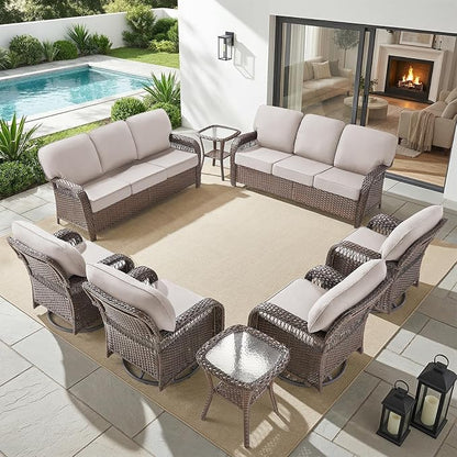 Belord Patio Chairs Set and 3-seat Sofa, Wicker Swivel Rocker Outdoor Chairs for Deck Yard and Poolside, 8 Piece Luxury Patio Furniture Set,Beige