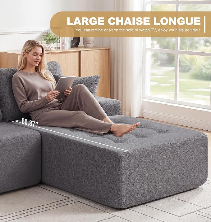Hobestluk Modular Sectional Sofa Couches L-Shape Couch 3 Seat Modular Sofa Memory Foam Sectional Couches for Living Room, Cloud Couch with Oversized Chaise (Grey Tufted, 108", Right Hand Facing)