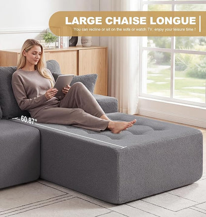 Hobestluk Modular Sectional Sofa Couches L-Shape Couch 3 Seat Modular Sofa Memory Foam Sectional Couches for Living Room, Cloud Couch with Oversized Chaise (Grey Tufted, 108", Right Hand Facing)