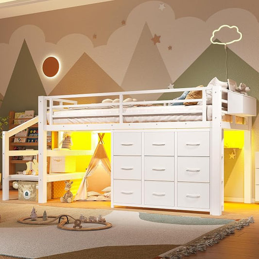 Bellemave Low Loft Bed Twin Size with Storage Stairs and Drawers, Metal Twin Loft Bed for Kids with LED Lights and Shelves, Low Profile Loft Bed Frame for Small Rooms, No Box Spring Needed, White