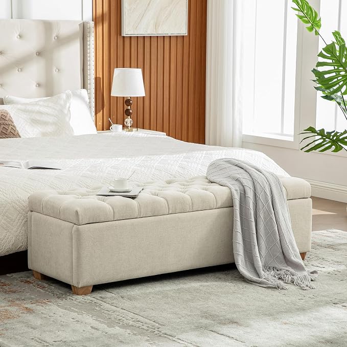 60.2" Storage Bench, End of Bed Storage Benches, Chenille Fabric Upholstered Ottoman Bench with Safety Hinge for Living Room Entryway Bedroom Hallway