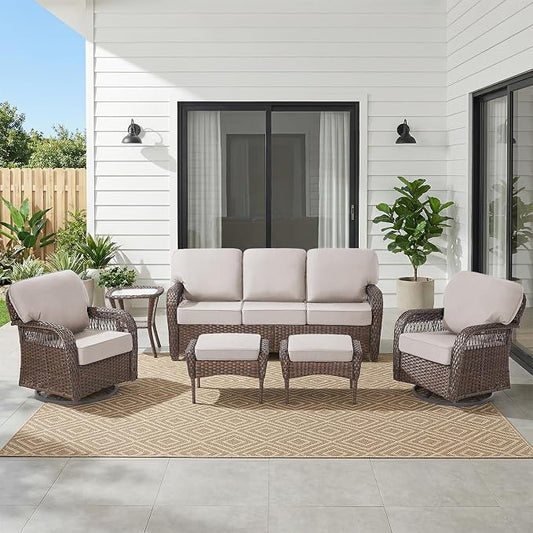 Belord Luxury Patio Furniture Set with 5-inch Thick Cushion, Outdoor Couch and High Back Swivel Rocker Patio Chairs, 6PCS Wicker Conversation Set for Deck Yard and Poolside,Beige