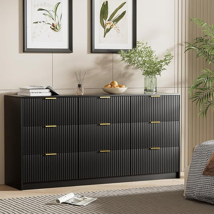 Furniway Black Dresser for Bedroom, Modern Dresser with 9 Drawers and Smooth Slides, Wide Chest of Drawers with Golden Handles for Bedroom, Living Room, Closet, 15.7" D x 63" W x 31.5" H