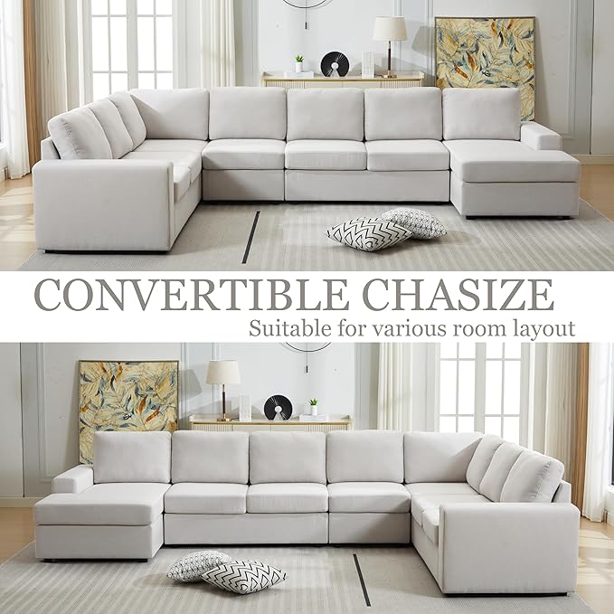 Ball & Cast 147" L-Shaped Sectional Couch for Living Room with Reversible Chaise & Removable Back Cushions,7 Seat Linen Upholstered Convertible Sectional Sofa Set,DIY Combination,for Home,Office,Beige
