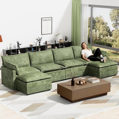 LEVELEVE 147" U-Shape Modular Sofa with 2 Ottomans, Deep Seat Cloud Convertible Sleeper, 2 Arm Pillows, Comfortable Large Upholstered Furniture for Living Room Apartment, Green