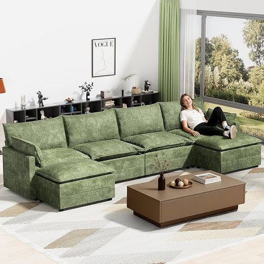 LEVELEVE 147" U-Shape Modular Sofa with 2 Ottomans, Deep Seat Cloud Convertible Sleeper, 2 Arm Pillows, Comfortable Large Upholstered Furniture for Living Room Apartment, Green