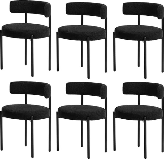 Boucle Dining Chairs Set of 6, Black Dining Chairs with Upholstered Seat and Round Back, Mid-Century Modern Kitchen Chairs for Dining Room, Restaurant