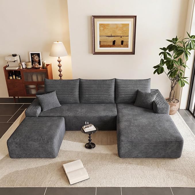95" Cloud Sectional Couch U-Shaped Chaise with Ottoman, Corduroy Boneless Couch for Living Room Bedroom, Deep-Seat Upholstered Modular Cloud Sofa, No Assembly Required (Grey, Right Facing Chaise)
