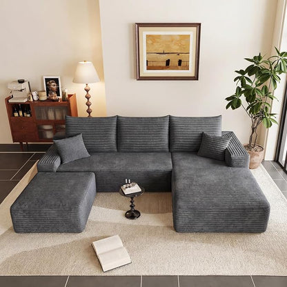 95" Cloud Sectional Couch U-Shaped Chaise with Ottoman, Corduroy Boneless Couch for Living Room Bedroom, Deep-Seat Upholstered Modular Cloud Sofa, No Assembly Required (Grey, Right Facing Chaise)