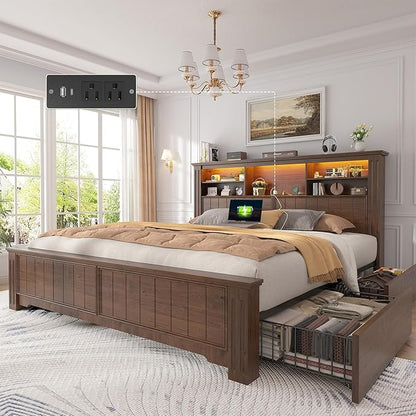 EnHomee Queen Bed Frame with 4 Storage Drawers and Headboard,LED Lights & Charging Ports,Wooden,No Box Spring Needed for Apartment,Heavy-Duty Structure,Noise-Free,Brown