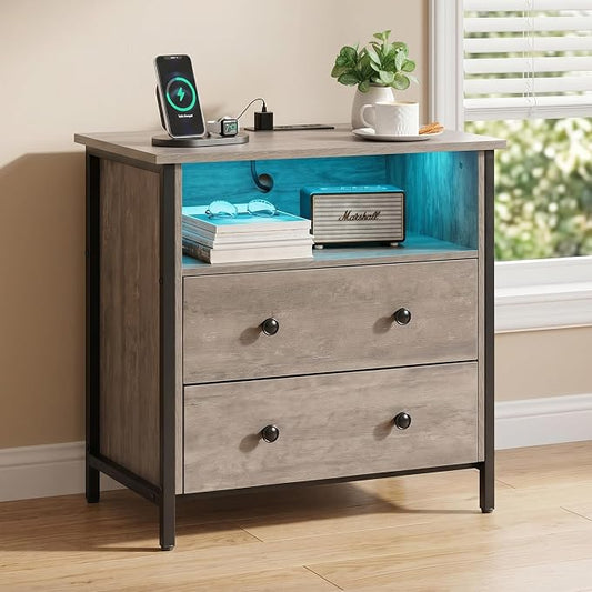 27 Inch LED Nightstand with Charging Station, 2 Drawers, Gray | Solid Wood and Steel Frame, 2 AC Outlets, 2 USB Ports, RGB App Control, Open Storage, Adjustable Feet, for Bedroom or Office