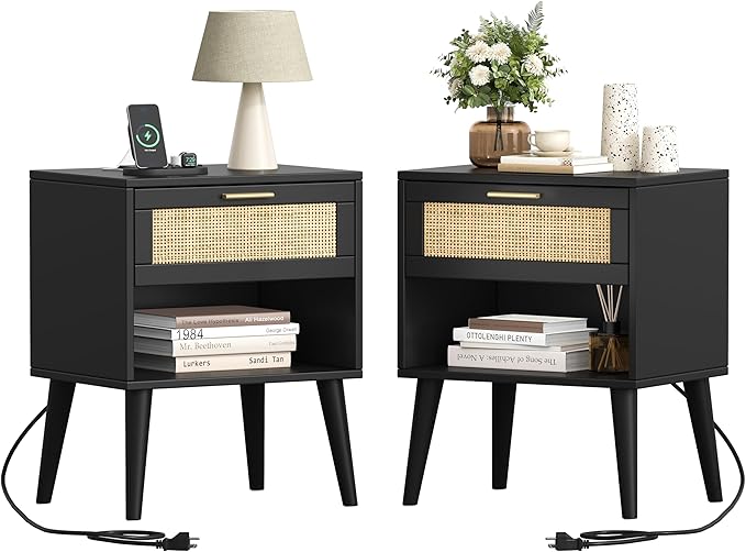Keehusux Rattan Nightstands Set of 2, Night Stands with Charging Station & Drawer, Bedside Tables with Open Storage & Solid Wood Legs, Boho End Side Table for Bedroom, Black and Natural KES07BME02CTG