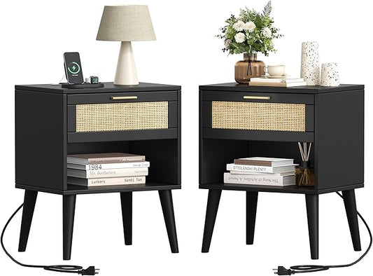 Keehusux Rattan Nightstands Set of 2, Night Stands with Charging Station & Drawer, Bedside Tables with Open Storage & Solid Wood Legs, Boho End Side Table for Bedroom, Black and Natural KES07BME02CTG