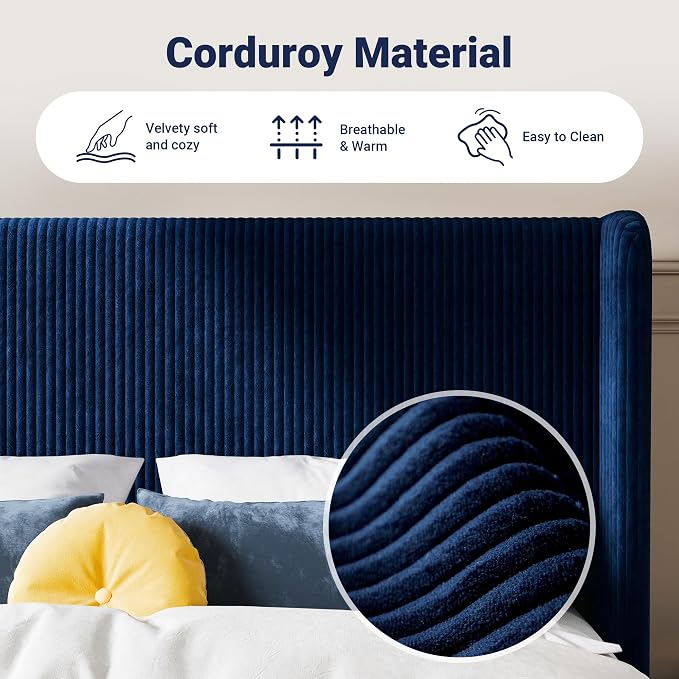 Allewie King Size Bed Frame with Upholstered Wingback Headboard, Vertical Channel Tufted Corduroy Velvet Platform Bed, Strong Wooden Slats Support, No Box Spring Needed, Easy Assembly, Dark Blue