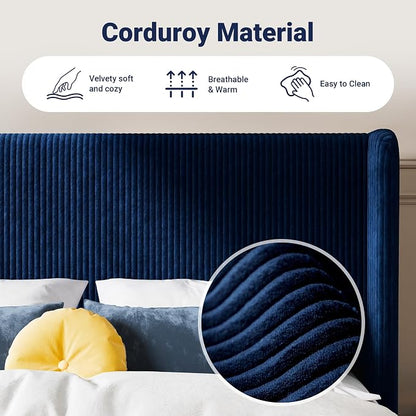 Allewie Full Size Bed Frame with Upholstered Wingback Headboard, Vertical Channel Tufted Corduroy Velvet Platform Bed, Strong Wooden Slats Support, No Box Spring Needed, Easy Assembly, Dark Blue