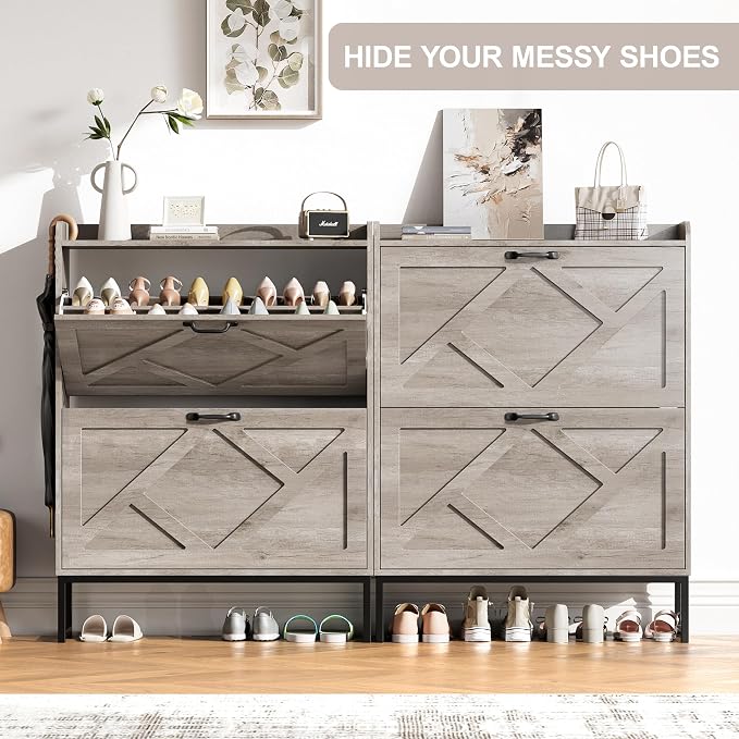 Nicetree Shoe Storage Cabinet with 2 Flip Drawers, Freestanding Shoe Organizer, Shoe Cabinet with Metal Legs, Narrow Shoe Rack Cabinet, Farmhouse Slim Shoe Cabinet for Entryway, Hallway, Rustic Gray