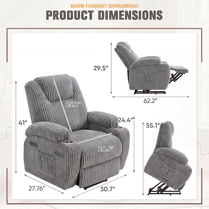 Flamaker Power Lift Recliner Chair Electric Lift Recliner for Elderly Power Lift Recliner Chair with Cup Holders Side Pockets for Living Room (Corduroy, Dark Gray)