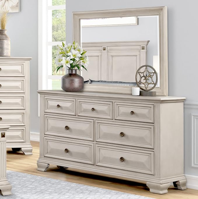 Roundhill Furniture Renova Distressed Parchment Wood Bedroom Set, King Panel Bed, Dresser, Mirror, Two Nightstands