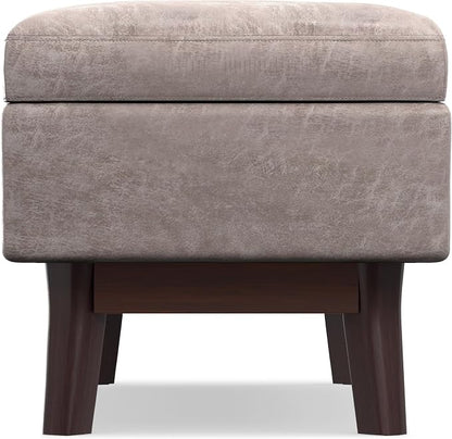 SIMPLIHOME Owen Rectangular Storage Ottoman - 48 inch Wide Upholstered Vegan Leather Lift-Top Ottoman in Distressed Grey Taupe, Mid-Century Modern Ottoman for Living Room with Tufted Detail