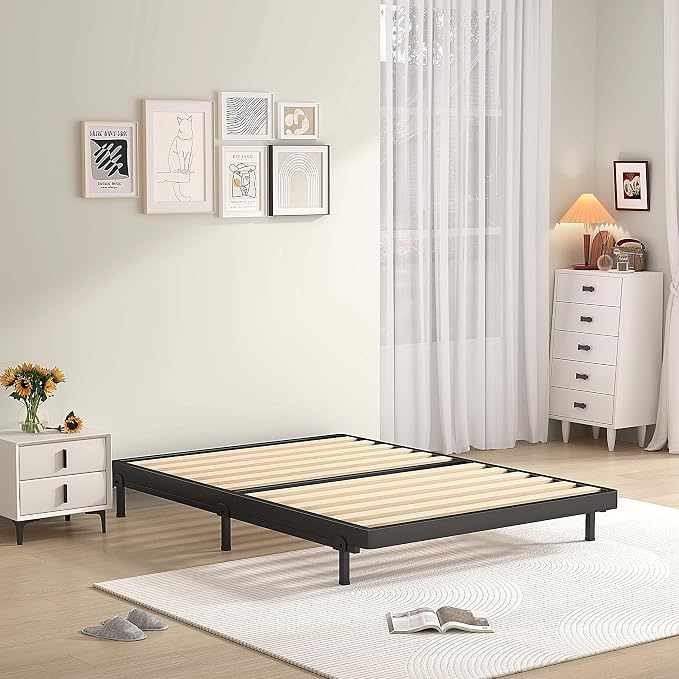 MAF 2 Inch Twin Box Spring with Round Corners, Low Profile Box Spring Twin Size, Bunkie Board with Wood Slats Bed Slat Replacement 3500 lbs Black Heavy Duty Metal Mattress Foundation, Easy Assembly