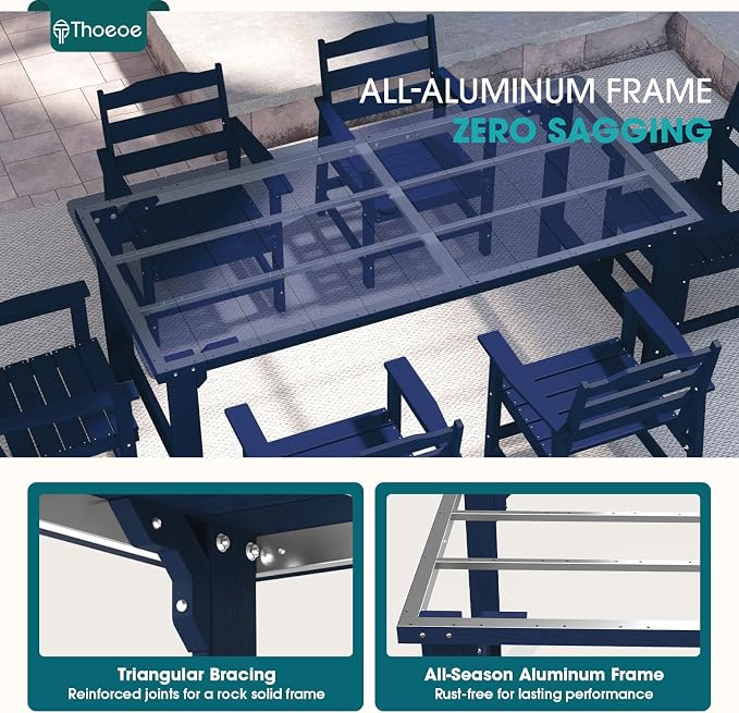 THOEOE 7 Piece Outdoor Dining Set, Patio Dining Table and 6 Chairs, All-Aluminum Frame, All-Weather HDPE Outdoor Furniture with Umbrella Hole for Garden, Lawn, Poolside, Navy Blue