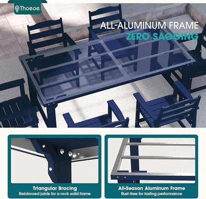 THOEOE 7 Piece Outdoor Dining Set, Patio Dining Table and 6 Chairs, All-Aluminum Frame, All-Weather HDPE Outdoor Furniture with Umbrella Hole for Garden, Lawn, Poolside, Navy Blue