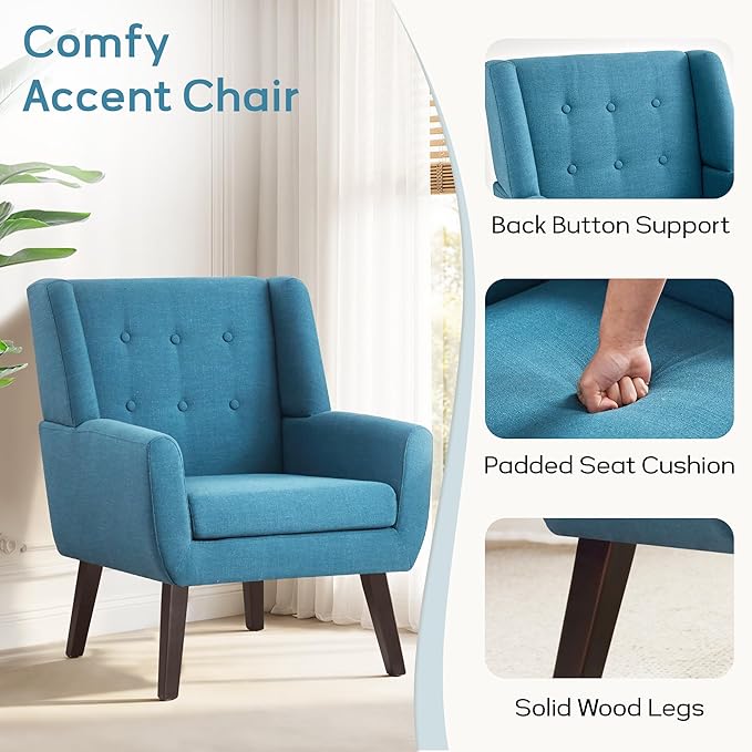 HUIMO Accent Chairs Set of 2,Upholstered Button-Tufted Living Room Chair with Wooden Legs,Mid Century Modern Linen Fabric Club Chair,Comfy Arm Chairs for Bedroom,Lake Blue 2PCS