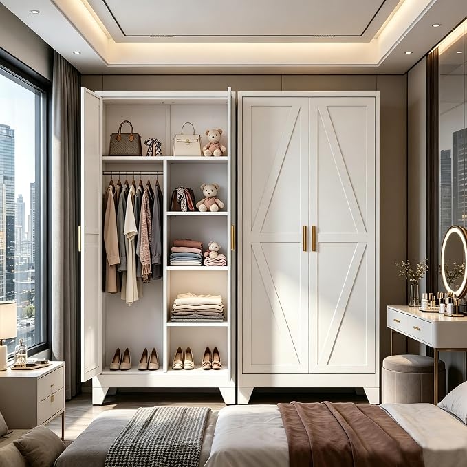 71" H White Closet,Armoire Wardrobe Closets,Metal Wardrobe Closet with Doors and Shelves