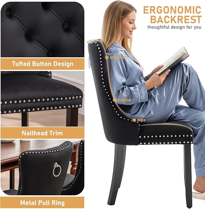 Single Black Dining Chair Mid Century Modern Dining Chair Velvet Upholstered Dining Room Chair Farmhouse Dining Accent Chair with High Back and Nailhead Trim for Kitchen, Living Room, Bedroom