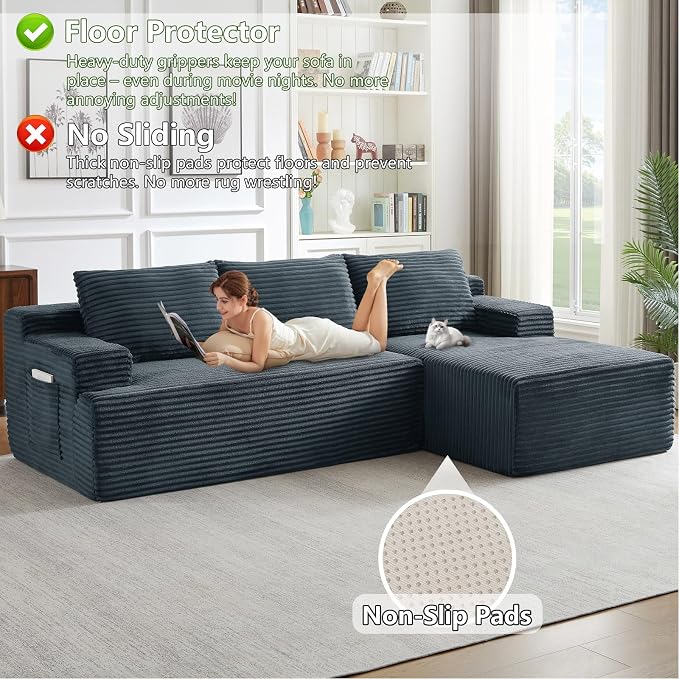 96" Modular Sectional Sofa, Modern Corduroy Cloud Couch, Boneless Couch Upholstered 3-Seater L-Shaped Sofa for Living Room, No Assembly Required (Dark Grey, Right-Facing Chaise)