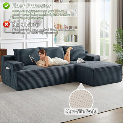 96" Modular Sectional Sofa, Modern Corduroy Cloud Couch, Boneless Couch Upholstered 3-Seater L-Shaped Sofa for Living Room, No Assembly Required (Dark Grey, Right-Facing Chaise)