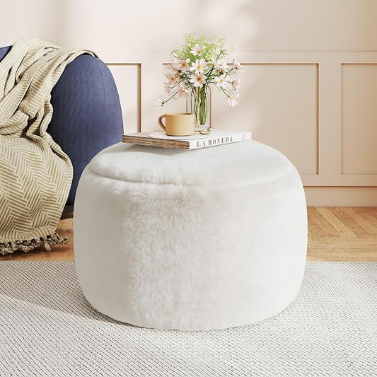 Gericco Round Stuffed Pouf Ottoman for Foot Rest, A Round Modern Foam Filled Poufs, Floor Chair for Living Room, Nursery, Dorm, A Soft Modern Foot Stool Perfect to Rest Your Feet (White, 20Inch)