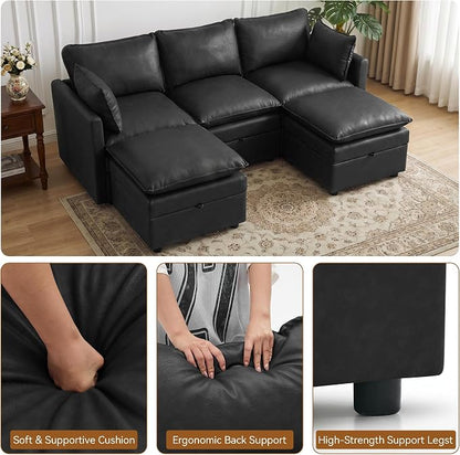 80" Black Faux Leather Storage 3 Seater Sofa with 2 Ottomans, Comfy Couch | Convertible Modular Sectional Sofa, U Shaped Oversized Couch, Upholstered Large Cloud Couch For Living Room, Apartment.