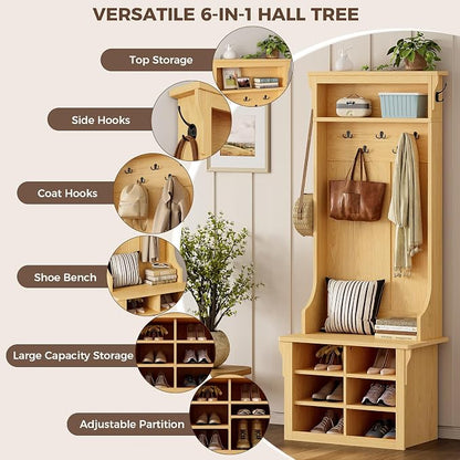 IRONCK 70"H 26"W Hall Tree with Bench and Shoe Storage, 6-in-1 Entryway Bench with Coat Rack, Adjustable Shelf, Hanging Hooks, 6 Shoe Cubby, 2 Tier Top Storage for Entryway, Bedroom, Living Room, Oak