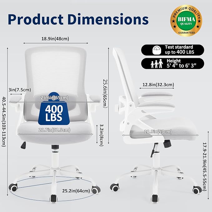 Ergonomic Office Chair, Desk Chair with Adjustable Lumbar Support, Breathable Mesh Comfy Computer Chairs with Flip-up Armrests Executive Task Chair for Adults Home Office(Gray)