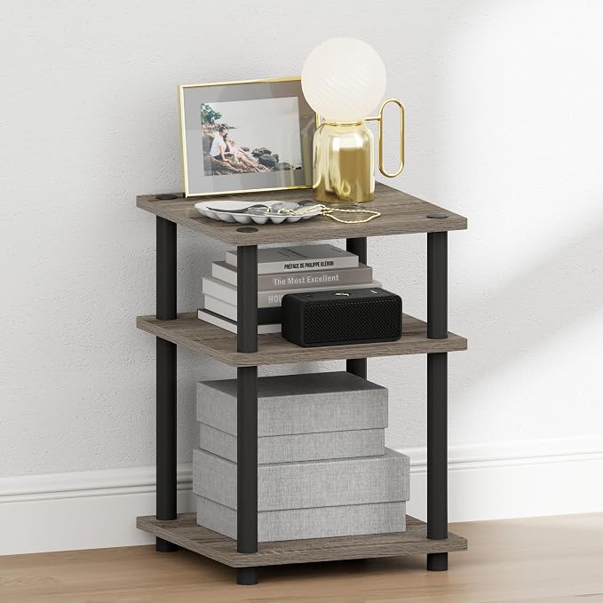 Furinno Turn-N-Tube Night Stand, 3-Tier Nightstand, Open Shelves Bedside Table, Side Table, End Table, Easy Assembly, for Bedroom, Closet, Dorm, French Oak