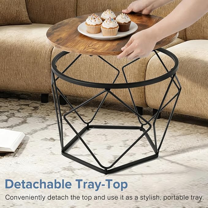 DUMOS Modern Geometric 2Pack Coffee Table, Round Nesting Side Tables with Hidden Storage, Movable End Tables for Living Room Decor & Practical Use Brown