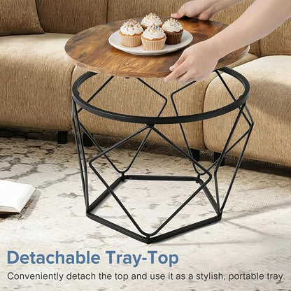 DUMOS Modern Geometric 2Pack Coffee Table, Round Nesting Side Tables with Hidden Storage, Movable End Tables for Living Room Decor & Practical Use Brown