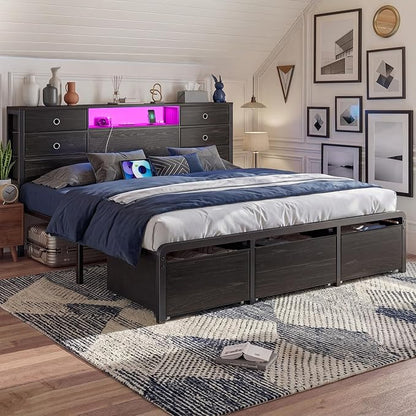 Homkdom King Size Bed Frame with 9 Fabric Drawers Storage, Charging Station & LED Lights, Metal Platform Bed Frame with Headboard,Noise-Free and Easy Assembly,Black
